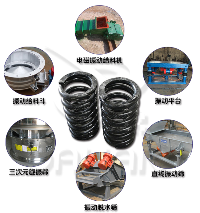 旋振篩減震彈簧適用產(chǎn)品：振動(dòng)給料機(jī)，電磁振動(dòng)給料機(jī)，振動(dòng)平臺(tái)，直線振動(dòng)篩，振動(dòng)脫水篩，三次元旋振篩。