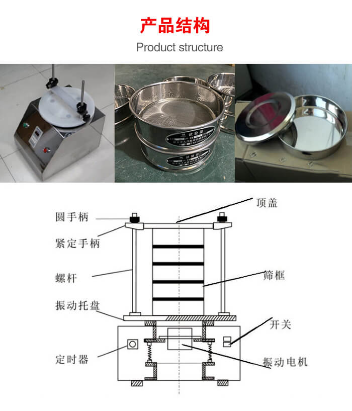 實驗室振動篩-試驗篩結構主要由：圓手柄，緊定手柄，螺桿，振動托盤，篩框，頂蓋等。